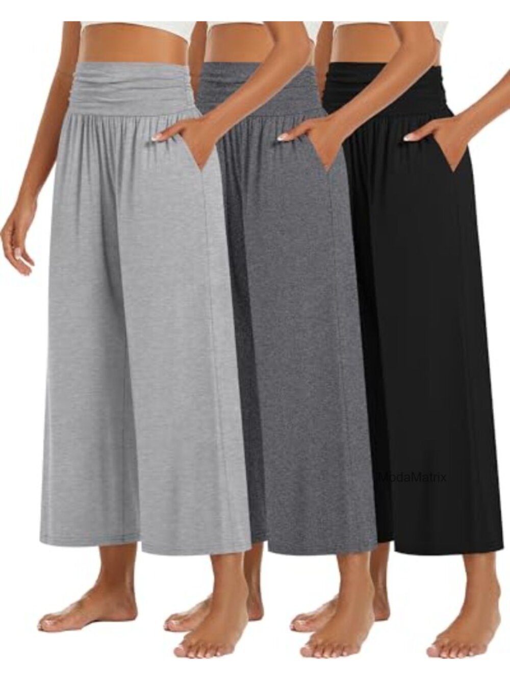 3 Pack Women's Wide Leg Capri Pants High Waisted Pleated Soft Stretchy Lounge